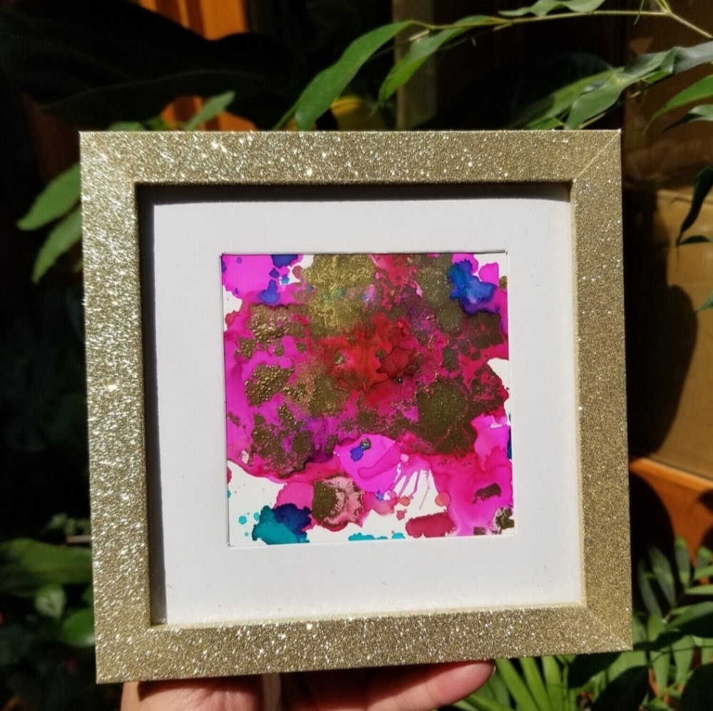 Strawberry Fields Dreamscape Framed Original Alcohol Ink Painting wall decor